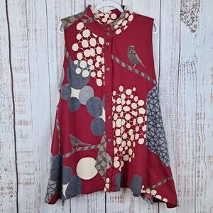 Mona Lisa‎ Vintage Y2K Red Artisan Button Up Cotton Fleece Tunic Vest Bird Print